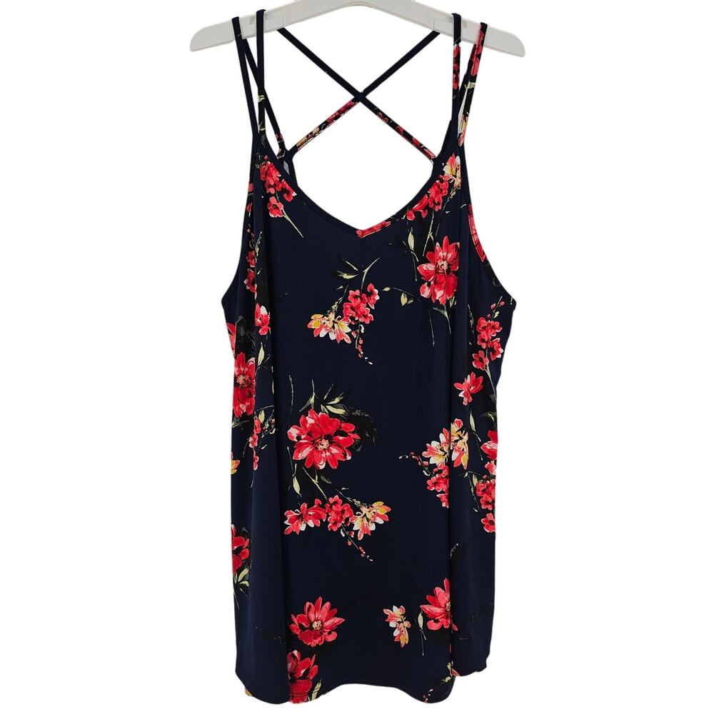 Papermoon Womans size 2X Basima Floral V-Neck Tank Top Navy Blue Crisscross NEW